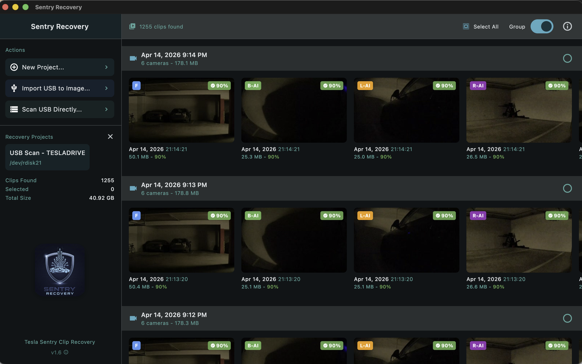 Sentry Recovery — recovered Tesla dashcam clips with thumbnail previews and confidence scores